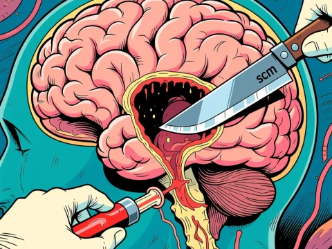 Illustrated Cerebral Cavity Necropsy with Surgical Tools