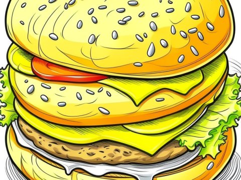 Illustrated Cheeseburger with Lettuce and Cheese