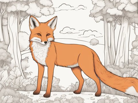 Illustrated Fox in a Forest Scene