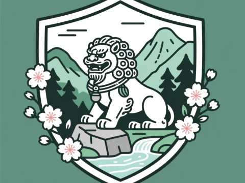 Illustrated Guardian Lion with Mountain Landscape and Cherry Blossoms