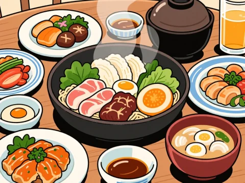 Illustrated Japanese Meal Spread with Ramen and Side Dishes