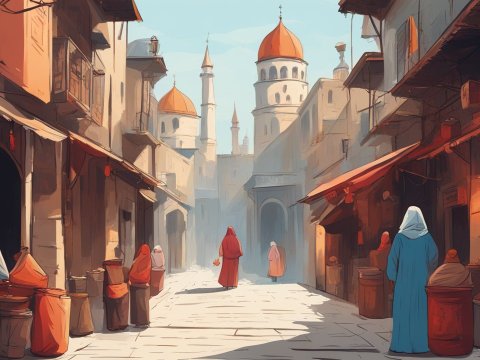 Illustrated Middle Eastern Alley with Market Stalls and Domed Towers
