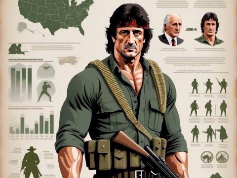 Illustrated Military Character with Tactical Gear and Infographics