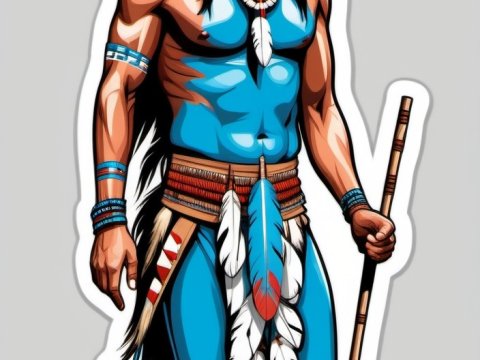 Illustrated Native American Warrior in Blue Body Paint