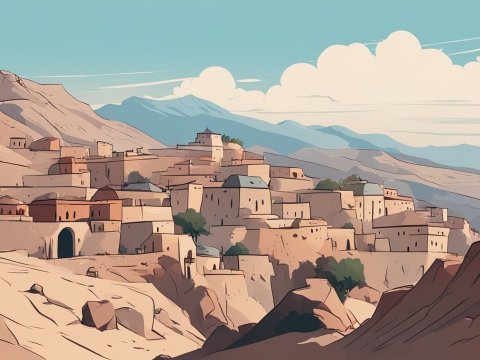Illustrated Old Mountain Town with Desert Landscape