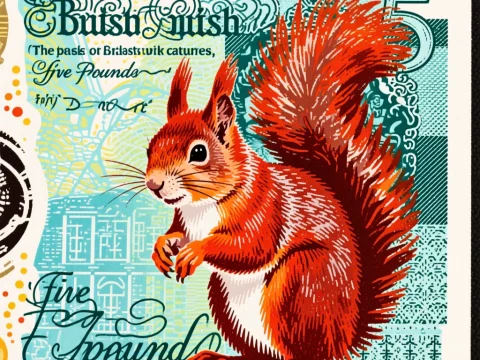 Illustrated Red Squirrel on Stylized Five Pounds Note