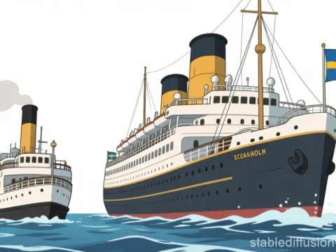 Illustrated Stockholm Liners Sailing with Swedish Flags