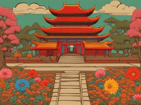 Illustrated Traditional Asian Temple with Vibrant Garden