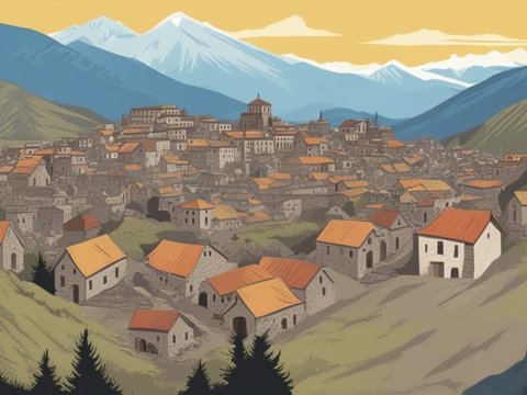 Illustrated View of Bitlis Old City with Mountain Backdrop