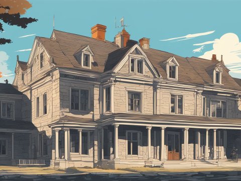 Illustration of a Large Stone House with Autumn Trees