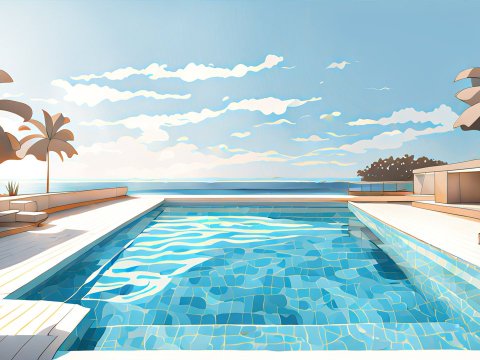 Illustration of a Modern Swimming Pool with Ocean View