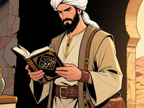 Illustration of a Scholar Reading an Ancient Arabic Book