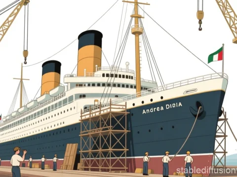 Illustration of Andrea Doria Ship in Genoa Shipyard