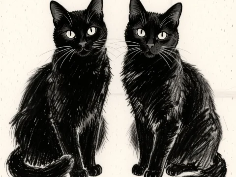 Illustration of Identical Twin Black Cats Sitting Side by Side