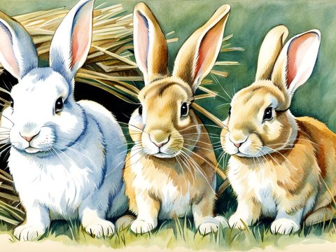 Illustration of Three Rabbits by Haystack