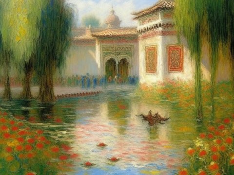 Impressionist Garden with Water and Architecture