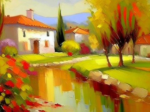 Impressionist Landscape with Village and River