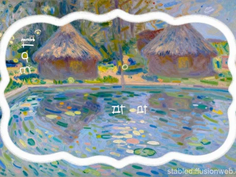 Impressionist Style Pool Scene with Thatched Huts