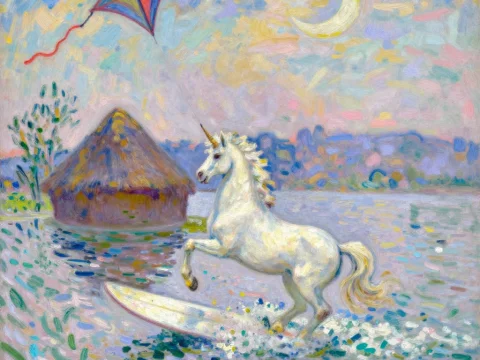 Impressionist Unicorn Surfing at Dusk with Kite and Moon