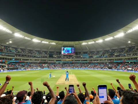 Indian Cricket Fans Celebrate Six in Stadium