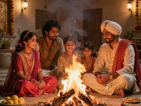 Indian Family Celebrating Lohri Festival Around Bonfire