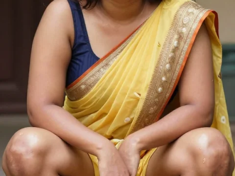 Indian Woman in Yellow Saree Sitting Outdoors