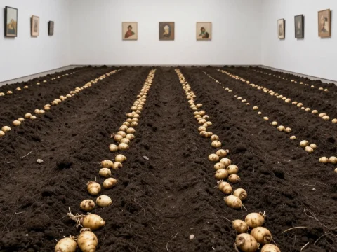 Indoor Art Gallery with Rows of Potatoes in Soil