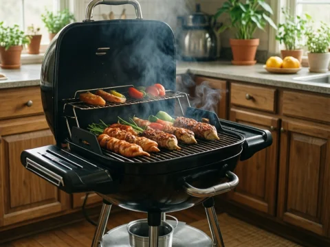Indoor Grill with Assorted Skewers and Vegetables in Cozy Kitchen