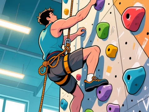 Indoor Rock Climber Scaling Colorful Wall in Gym