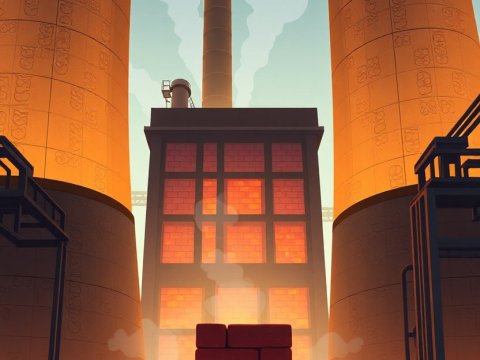 Industrial Brick Kiln with Cooling Towers at Sunset