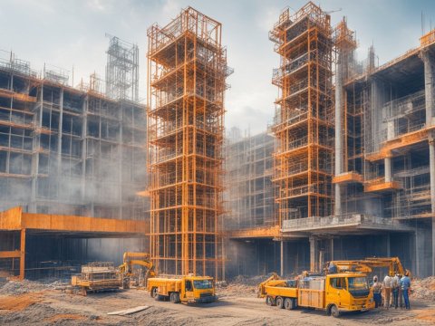 Industrial Building Under Construction with Heavy Machinery