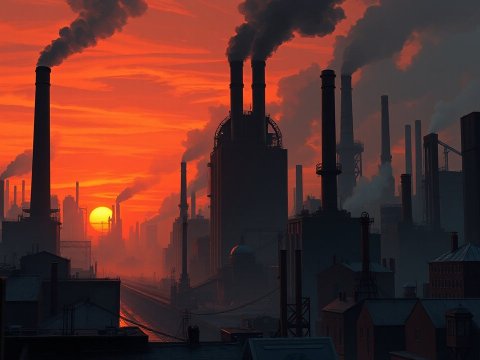 Industrial Cityscape at Sunset with Smokestacks