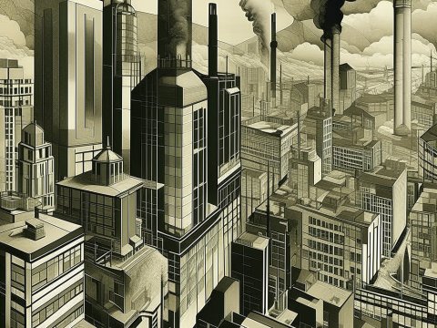 Industrial Cityscape with Smokestacks in Monochrome
