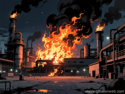 Industrial Factory Fire at Night in Manga Style