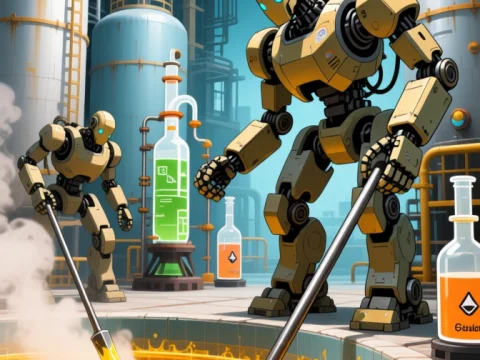 Industrial Robots Working in a Futuristic Factory