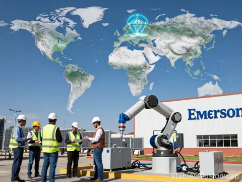 Industrial Team Working with Robotic Arm and Global Network Overlay