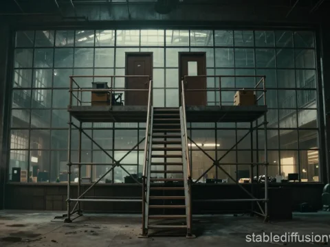 Industrial Warehouse Office Interior with Elevated Platform