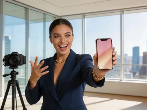 Influencer Presenting Smartphone in Modern Office