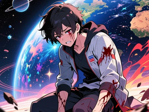 Injured Anime Boy in Space with Earth Background