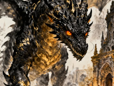 Ink Brushwork of a Fierce Black Dragon Near Gothic Castle