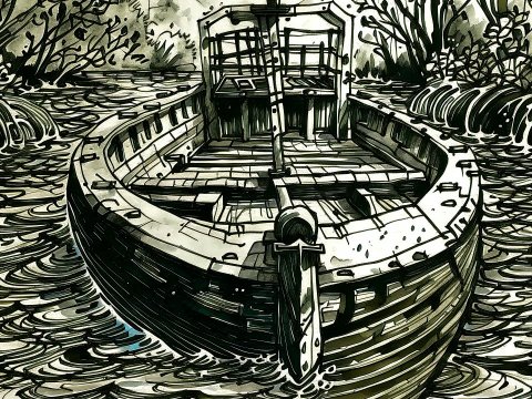 Ink Drawing of a Boat in a Lock Surrounded by Water and Trees