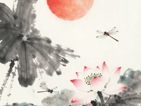 Ink Lotus and Dragonflies with Red Sun