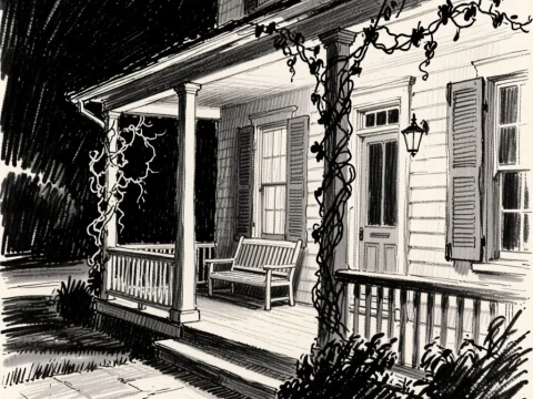 Ink Sketch of a French Farmhouse Porch at Night