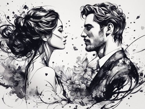Ink Style Romantic Couple Portrait in Black and White