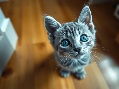Innocent Blue-Eyed Kitten Looking Up