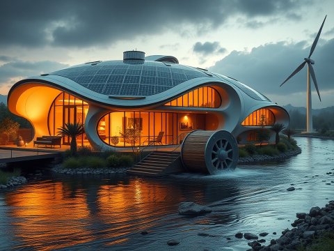 Innovative Eco-Friendly Home with Solar Panels and Water Wheel