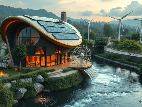 Innovative Eco-Friendly House with Solar Panels and Wind Turbines