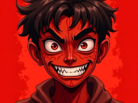 Intense Anime Character with Fiery Red Skin and Fierce Expression