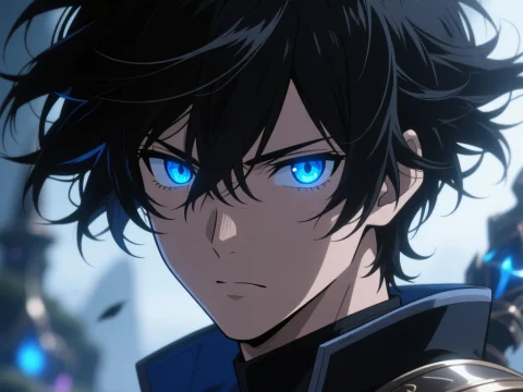 Intense Anime Hero with Glowing Blue Eyes