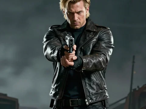 Intense Blonde Man in Black Leather Jacket Aiming Gun